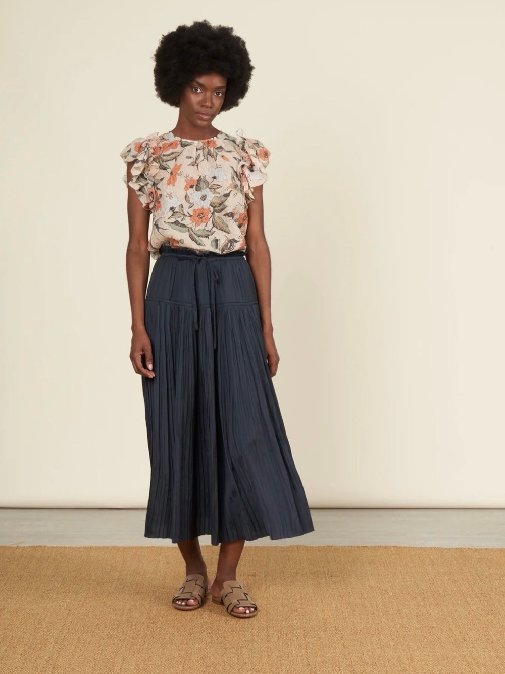 ULLA JOHNSON • Victoria navy pleated midi skirt - size 0